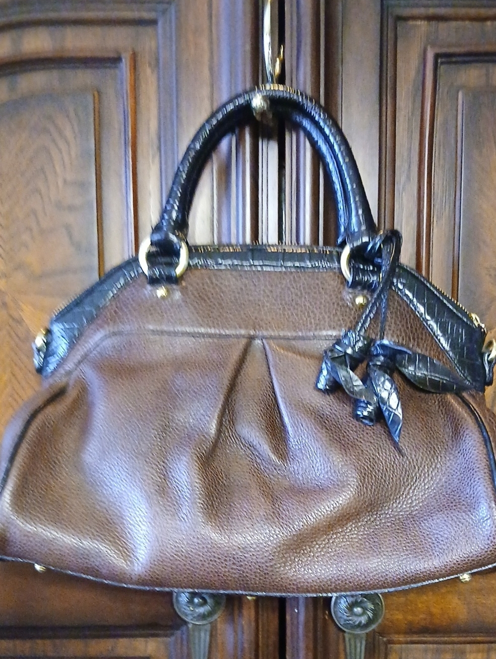 Brahmin Brown Satchel with Black Trim and Gold Hardware